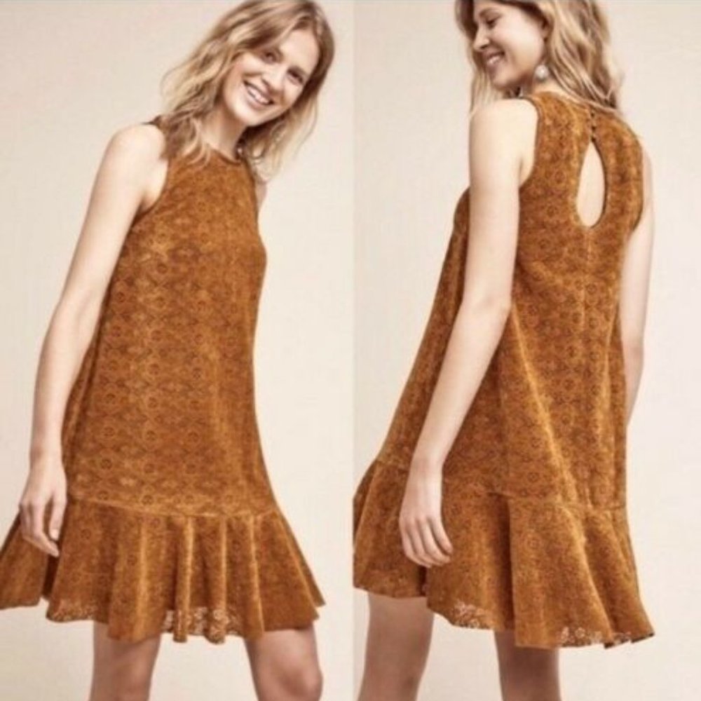 Anthropologie mustard yellow velvet lace dress with keyhole back